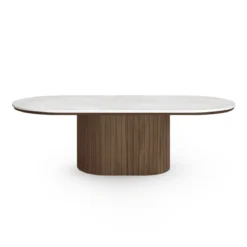 Bobby - Oval sofabord med lys beige stenbordplade og fod i røget eg 120x55x45 cm