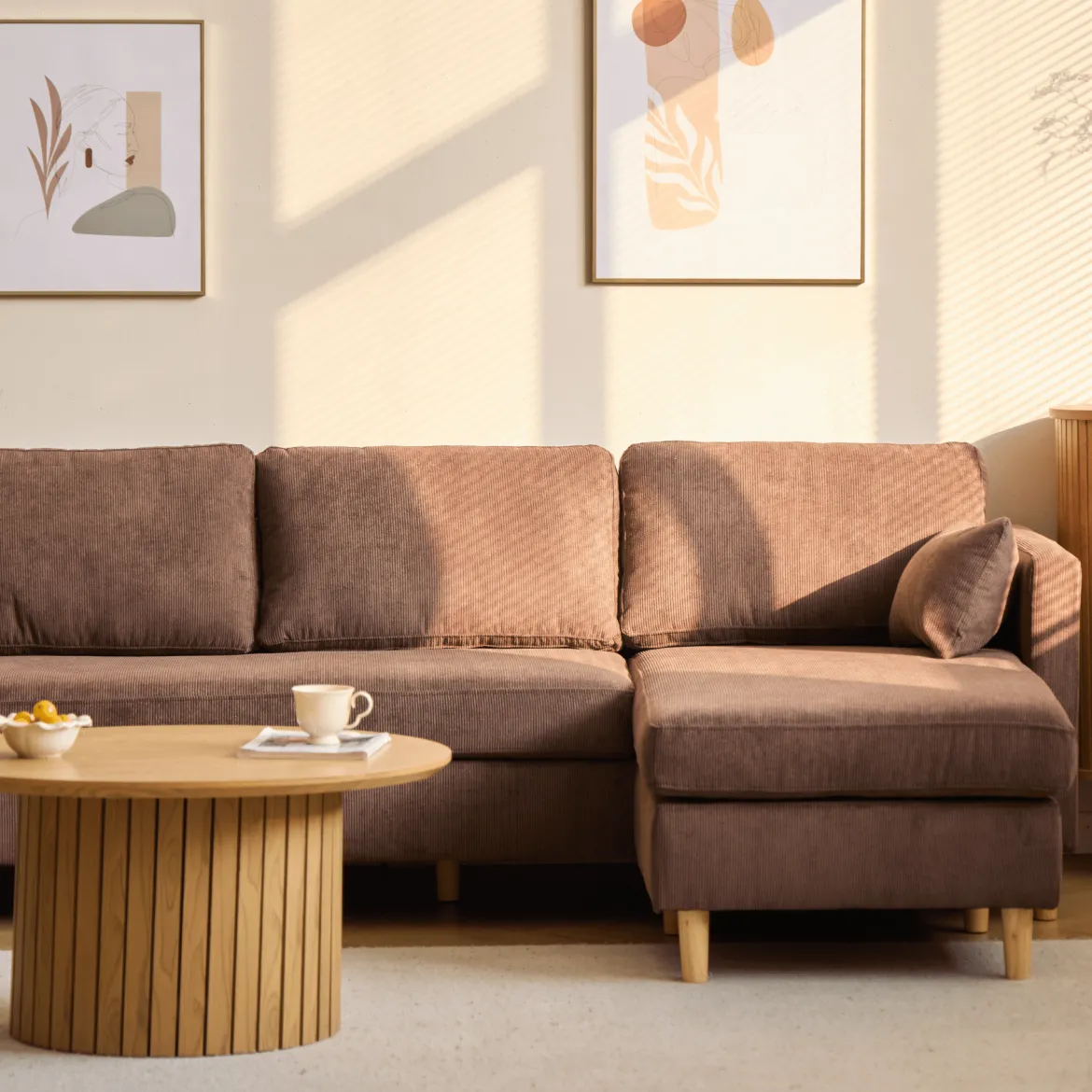Ellis - Højrevendt og venstrevendt vendbar chaiselong sofa brun fløjl - L: 215 x D: 82 x H: 78 cm