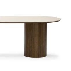 Enzo ovalt spisebord med stenbordplade i beige og lamelfod i røget eg 220x100x76 cm