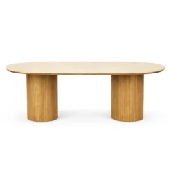 Enzo ovalt spisebord med stenbordplade i beige og lamelfod i eg 220x100x76 cm
