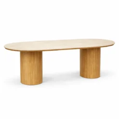 Enzo ovalt spisebord med stenbordplade i beige og lamelfod i eg 220x100x76 cm