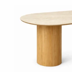 Enzo ovalt spisebord med stenbordplade i beige og lamelfod i eg 220x100x76 cm
