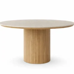 Enzo rundt spisebord med bordplade i beige sten og lamelfod i egetræ Ø120 cm