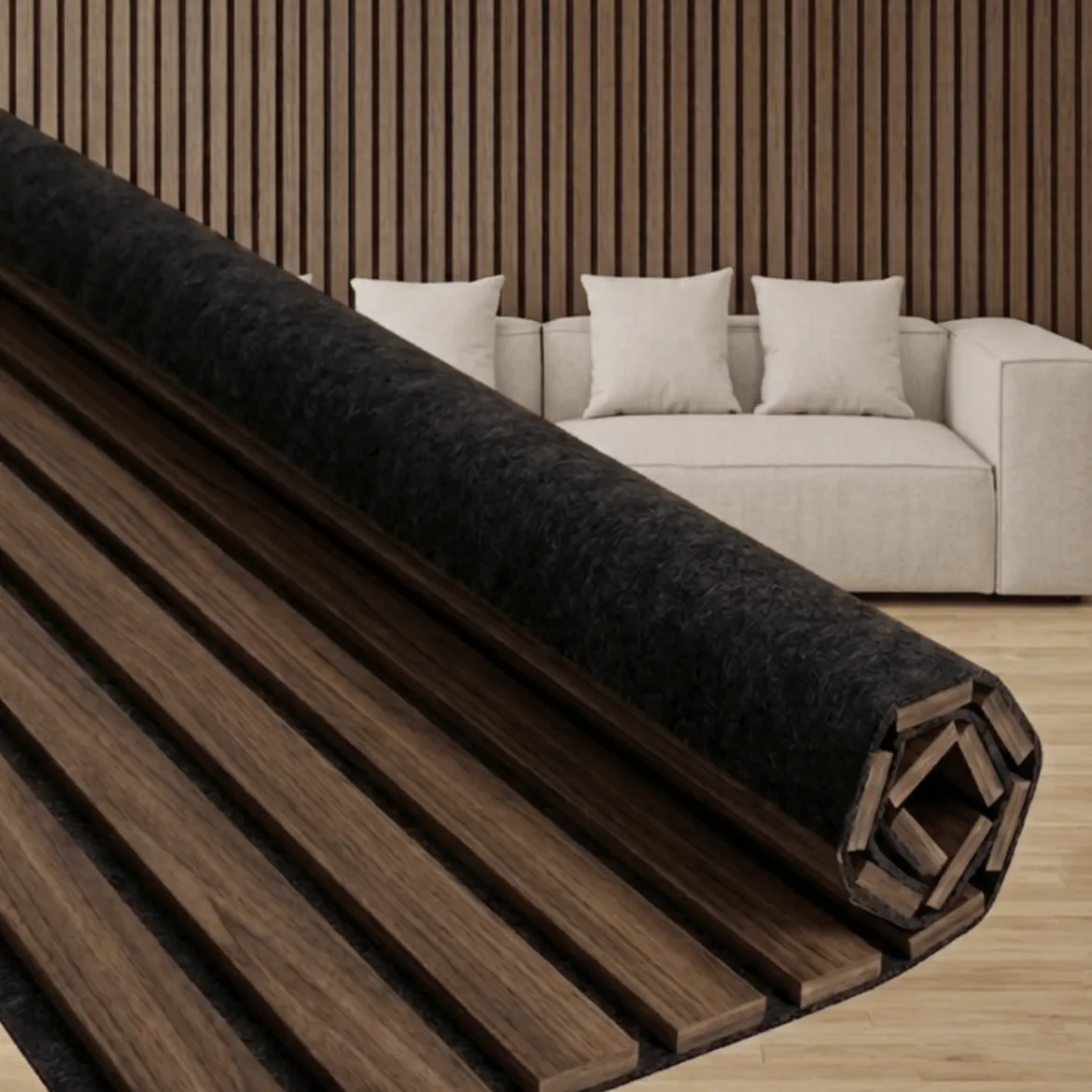 Fleksibel akustikpanel i røget egetræsfiner 1200x520x18 mm